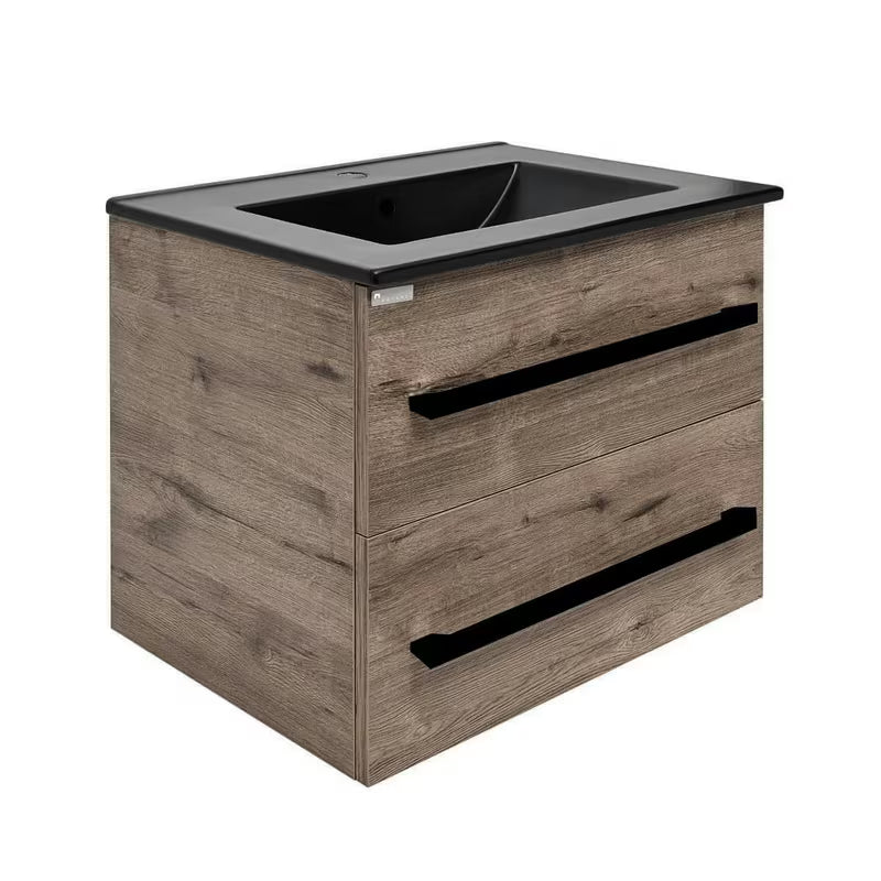 Viseća kupaonski ormarić SAT Cube Way s keramičkim umivaonikom u dekoru hrasta Wellington i crnim ručkicama.