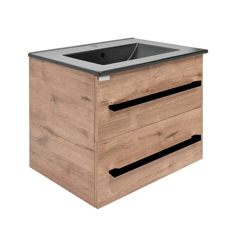 Viseća kupaonski ormarić SAT Cube Way s keramičkim umivaonikom u dekoru hrasta Wellington i crnim ručkicama.