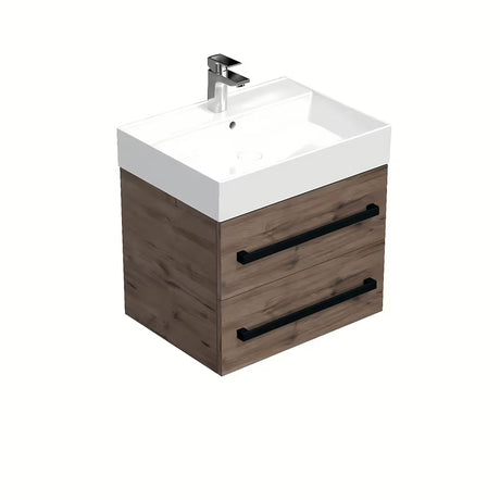 Viseća kupaonski ormarić s keramičkim umivaonikom SAT Cube Way u dekoru hrasta wellington s crnim ručkicama.