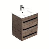 Viseća kupaonski ormarić SAT Cube Way s keramičkim umivaonikom u dekoru hrasta wellington i crnim ručkicama.