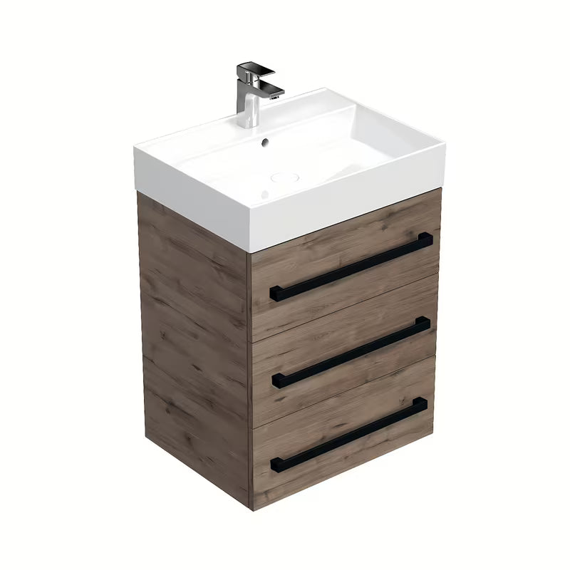 Viseća ormarić s keramičkim umivaonikom SAT Cube Way u dekoru hrasta wellington s crnom ručkicom