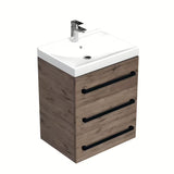 Viseća kupaonski ormarić SAT Cube Way s keramičkim umivaonikom u dekoru hrasta wellington i crnim ručkicama.