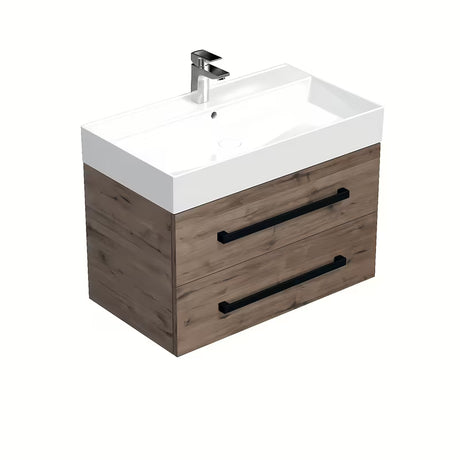 Viseća kupaonski ormarić SAT Cube Way s keramičkim umivaonikom u dekoru hrasta wellington i s crnim ručkicama.