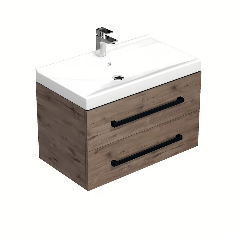 Viseća kupaonski ormarić SAT Cube Way s keramičkim umivaonikom u dekoru hrasta wellington i crnim ručkicama.