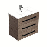 Viseća kupaonski ormarić SAT Cube Way s keramičkim umivaonikom u dekoru hrasta wellington i crnim ručkicama.