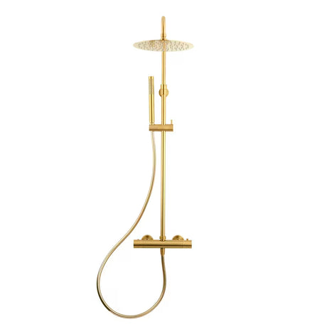 Tuš sustav SAT Dark s termostatskom miješalicom u obradi brušeno zlato s okruglim nadglavnim tušem 25 cm.