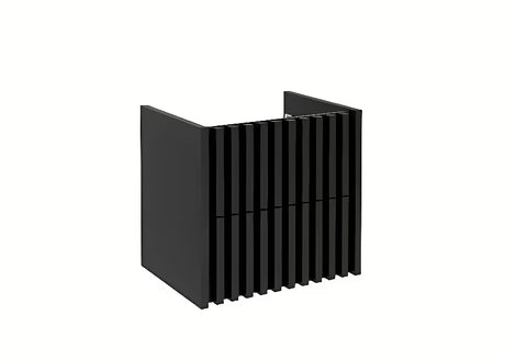 Viseća kupaonski ormarić SAT Delano u crnoj mat boji s hrastovom gornjom pločom i letvičastom frontom.