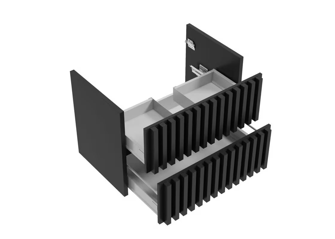 Viseća kupaonski ormarić SAT Delano u crnoj mat boji s hrastovom gornjom pločom i okomitim letvicama.