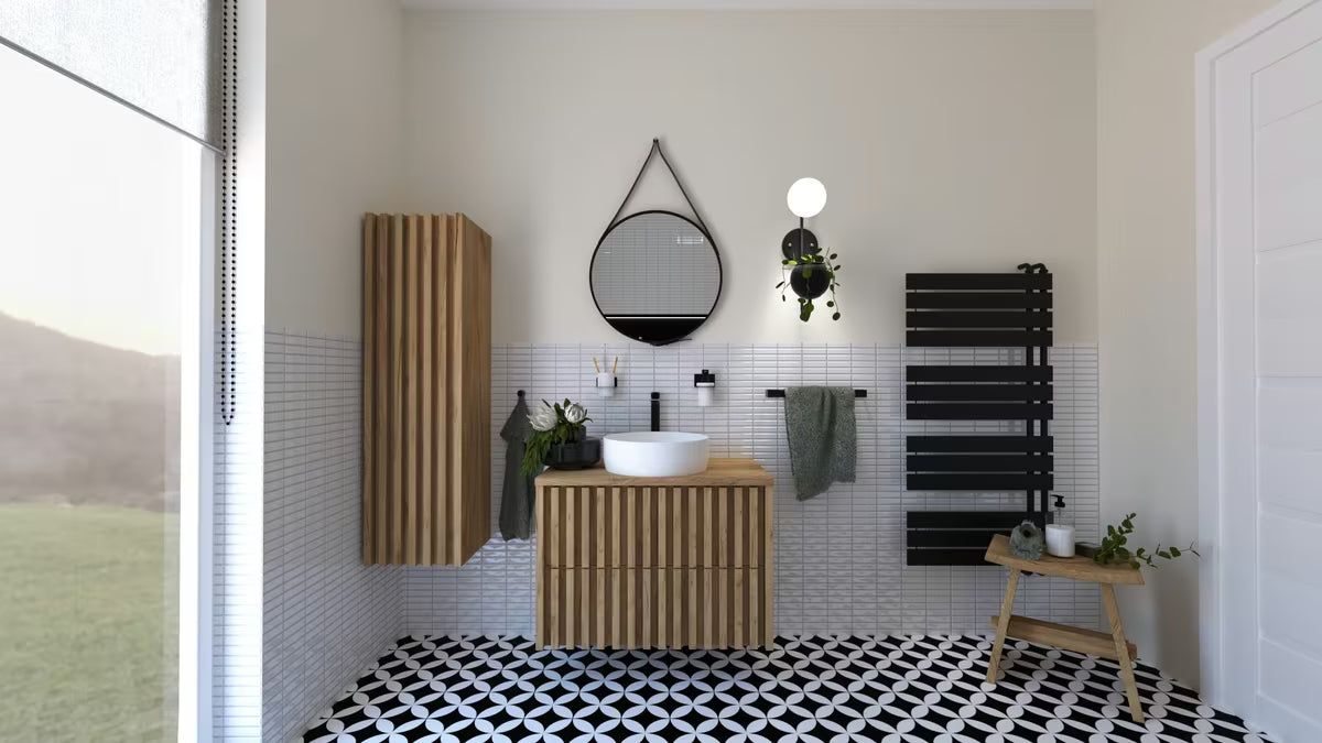 Viseća ormarić ispod umivaonika SAT Delano s pokrovnom pločom u dekoru mat hrast 80x46 cm s okomitim letvicama.