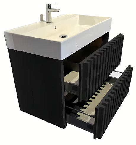 Viseća kupaonski ormarić s keramičkim umivaonikom SAT Delano u crnoj mat izvedbi.