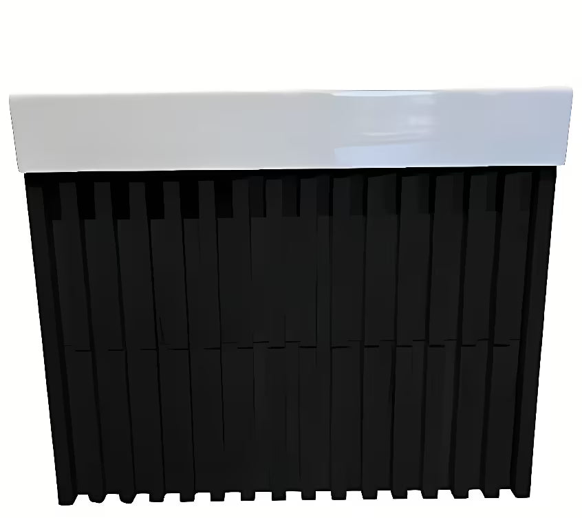 Viseća kupaonski ormarić s keramičkim umivaonikom SAT Delano u crnoj mat izvedbi.