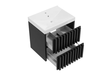 Crni viseća kupaonski ormarić SAT Delano s keramičkim umivaonikom i okomitim letvicama