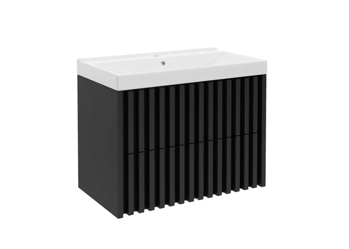 Viseća kupaonski ormarić SAT Delano s umivaonikom u crnoj boji s letvičastim dizajnom