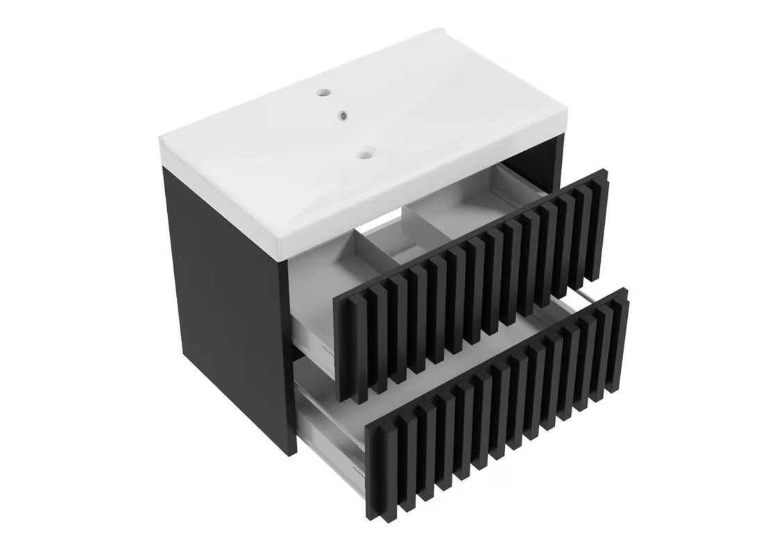 Viseća kupaonski ormarić SAT Delano s umivaonikom u crnoj boji s letvičastim dizajnom