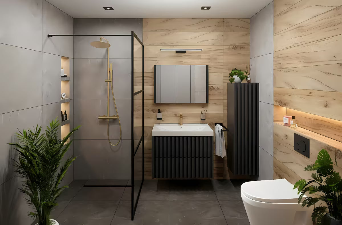 Viseća kupaonski ormarić SAT Delano s umivaonikom u crnoj boji s letvičastim dizajnom