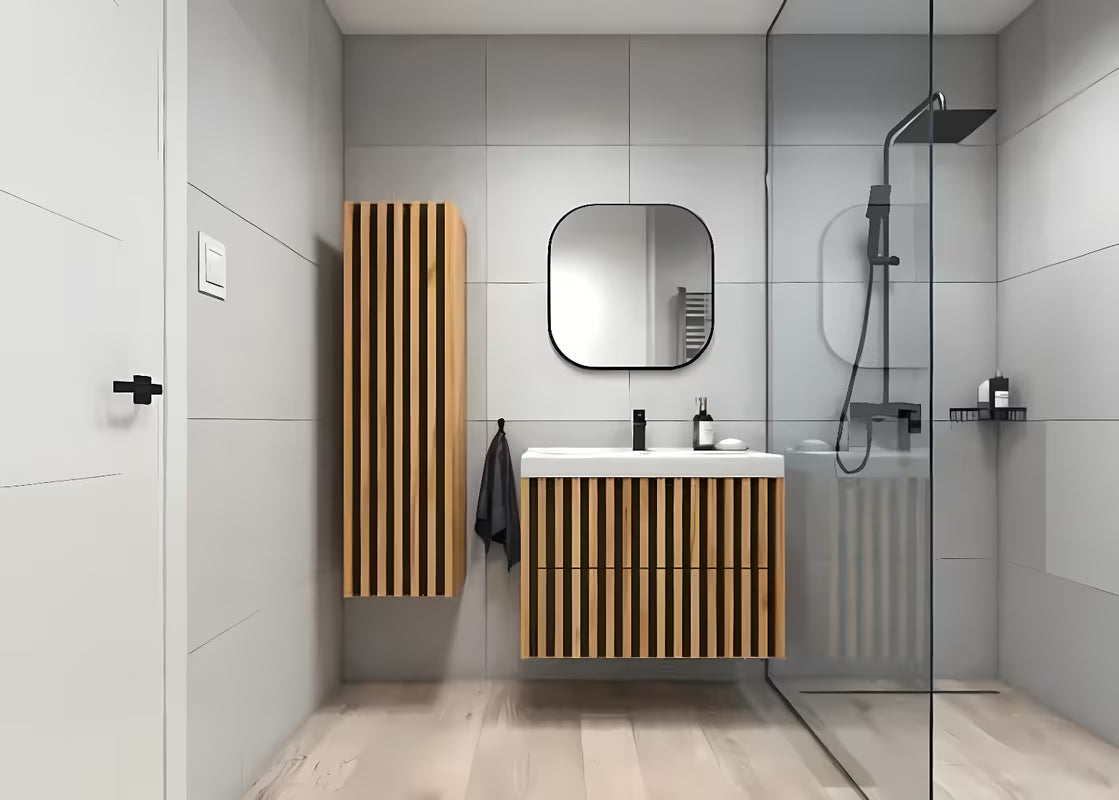 Viseća kupaonski ormarić SAT Delano s umivaonikom u crnoj boji s letvičastim dizajnom