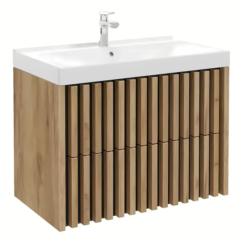 Viseća kupaonski ormarić s keramičkim umivaonikom SAT Delano u dekoru hrasta s vertikalnim letvicama