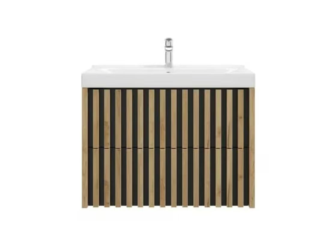 Viseća kupaonski ormarić s keramičkim umivaonikom SAT Delano u dekoru hrasta s vertikalnim letvicama