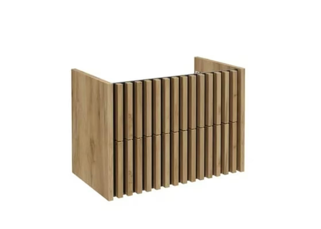 Viseća kupaonski ormarić s keramičkim umivaonikom SAT Delano u dekoru hrasta s vertikalnim letvicama