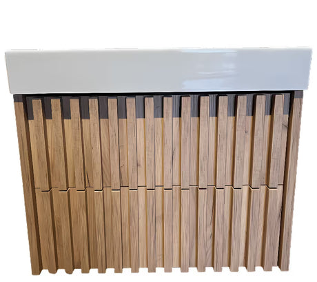 Viseća kupaonski ormarić s keramičkim umivaonikom SAT Delano u dekoru mat hrast s vertikalnim letvicama