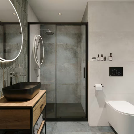 Visoka jednoručna baterija miješalica za umivaonik SAT Elements u crnoj boji s kromiranim elementima bez odvoda.