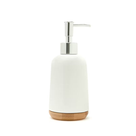 Samostojeći  bijeli keramički dozator sapuna SAT Ella s drvenim detaljima
