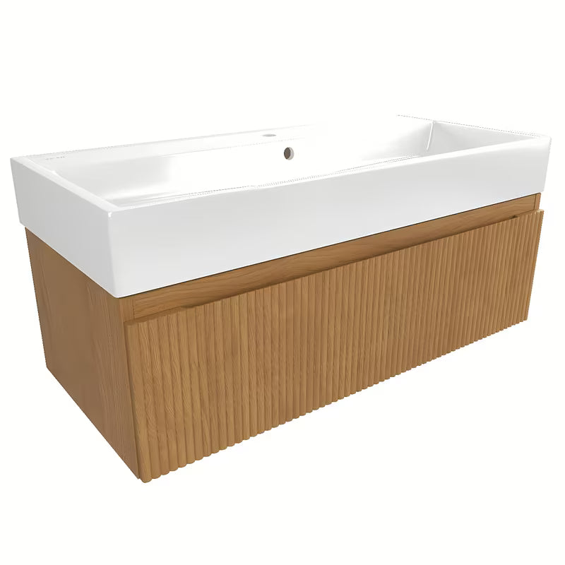 Viseća kupaonski ormarić SAT Evolution s keramičkim umivaonikom u dekoru medni hrast