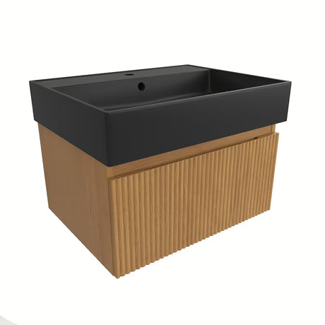 Viseća kupaonski ormarić SAT Evolution s keramičkim umivaonikom u dekoru medni hrast i crnoj mat boji