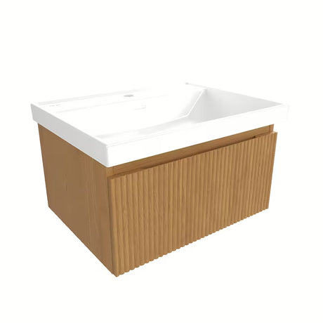 Viseća kupaonski ormarić SAT Evolution s umivaonikom u dekoru medni hrast s okomitim utorima