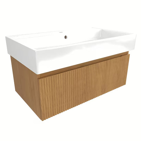 Viseća kupaonski ormarić s umivaonikom SAT Evolution u dekoru medni hrast s okomitim utorima