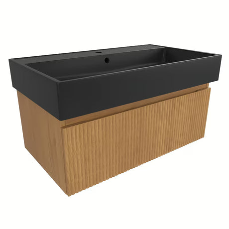 Viseća kupaonski ormarić SAT Evolution s umivaonikom u dekoru medni hrast i s okomitim utorima