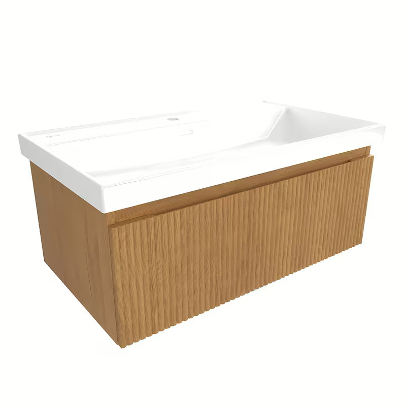 Viseća kupaonski ormarić s umivaonikom SAT Evolution u dekoru medni hrast s okomitim utorima