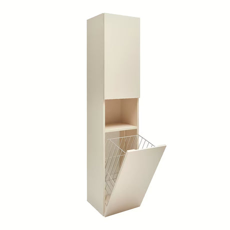 Visoka viseća kupaonski ormarić SAT Feel u mat bež boji s košarom za rublje i sa staklenim policama.