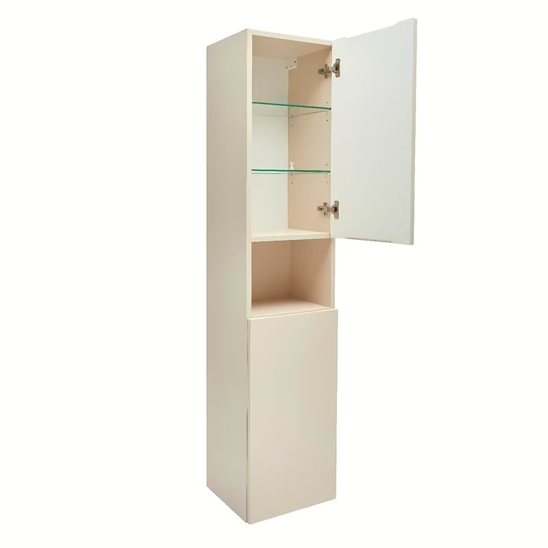 Visoka viseća kupaonski ormarić SAT Feel u mat bež boji s košarom za rublje i sa staklenim policama.