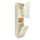 Visoka viseća kupaonski ormarić SAT Feel u mat bež boji s košarom za rublje i sa staklenim policama.