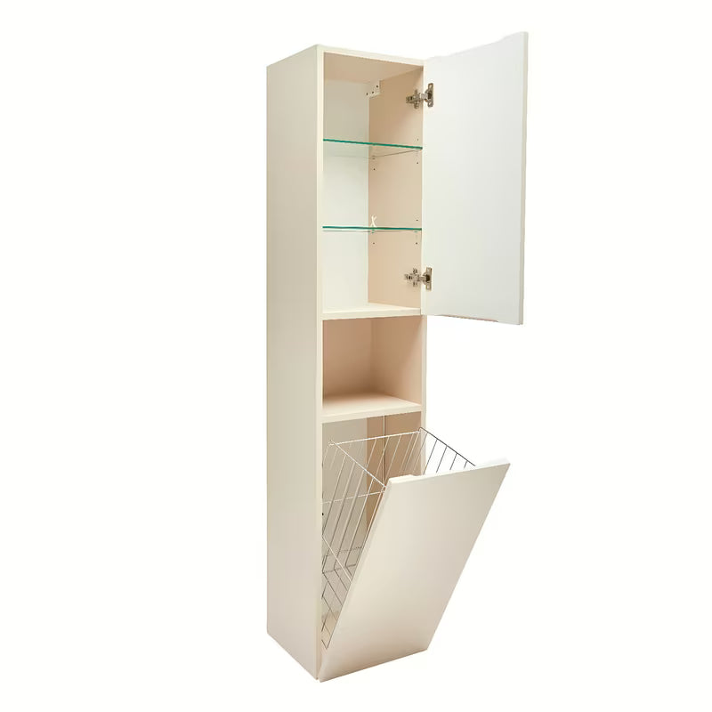 Visoka viseća kupaonski ormarić SAT Feel u mat bež boji s košarom za rublje i sa staklenim policama.