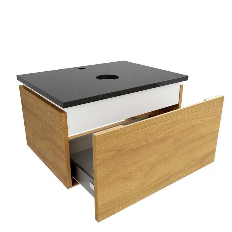 Viseća kupaonski ormarić SAT Feel u dekoru medni hrast s granitnom pokrovnom pločom Absolut black sjaj