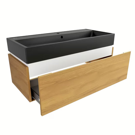 Viseća kupaonski ormarić SAT Feel s keramičkim umivaonikom u dekoru medni hrast i u mat izvedbi.