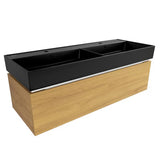 Viseća kupaonski ormarić SAT Feel s dvostrukim umivaonikom u dekoru medni hrast i crnoj mat izvedbi