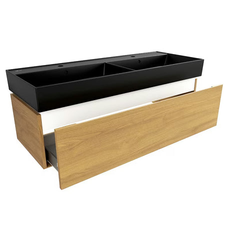 Viseća kupaonski ormarić SAT Feel s dvostrukim umivaonikom u dekoru medni hrast i crnoj mat izvedbi