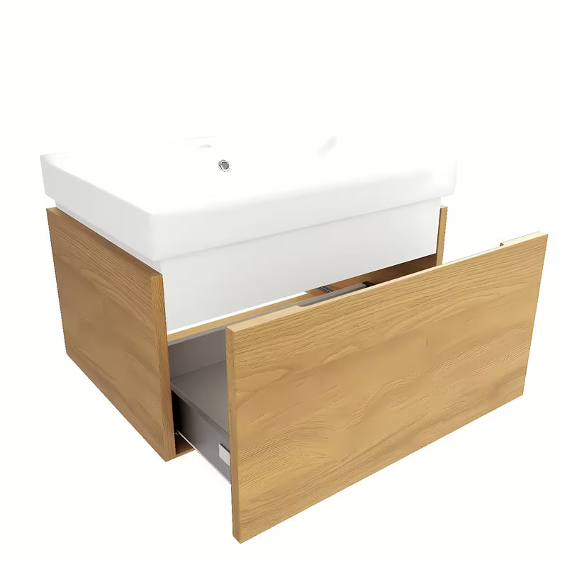 Viseća kupaonski ormarić SAT Feel s keramičkim umivaonikom u dekoru medni hrast