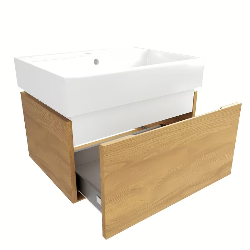 Viseća kupaonski ormarić SAT Feel s keramičkim umivaonikom u dekoru medni hrast