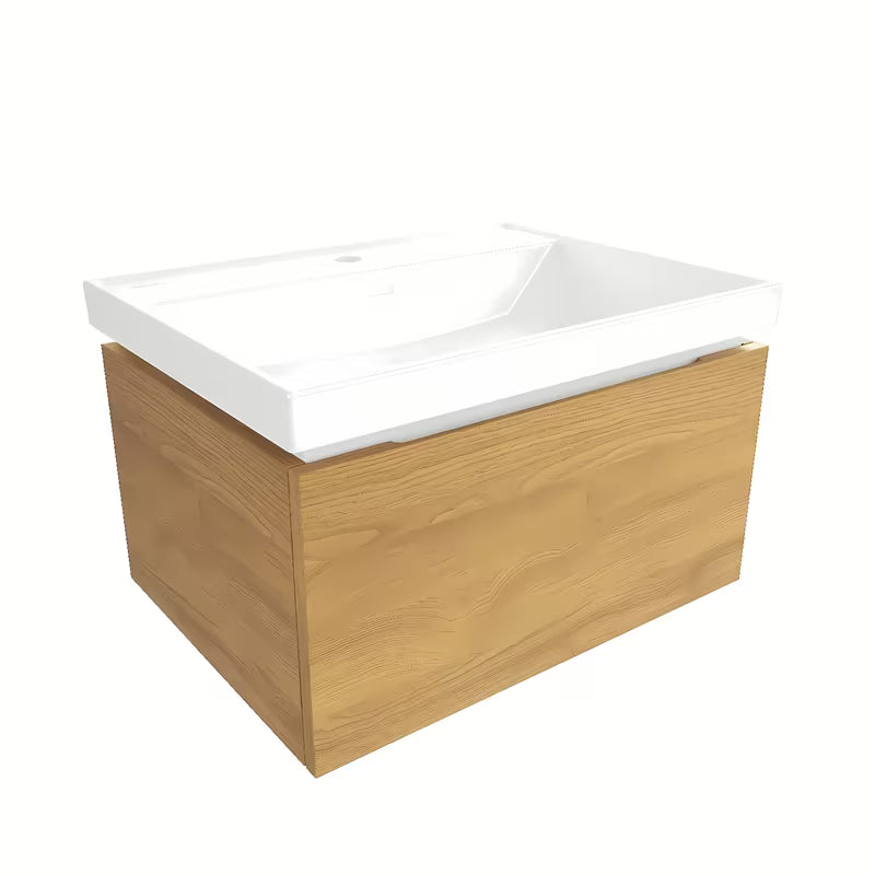 Viseća kupaonski ormarić SAT Feel s keramičkim umivaonikom u dekoru medni hrast s mat završnom obradom.