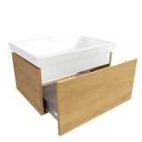 Viseća kupaonski ormarić SAT Feel s keramičkim umivaonikom u dekoru medni hrast s mat završnom obradom.