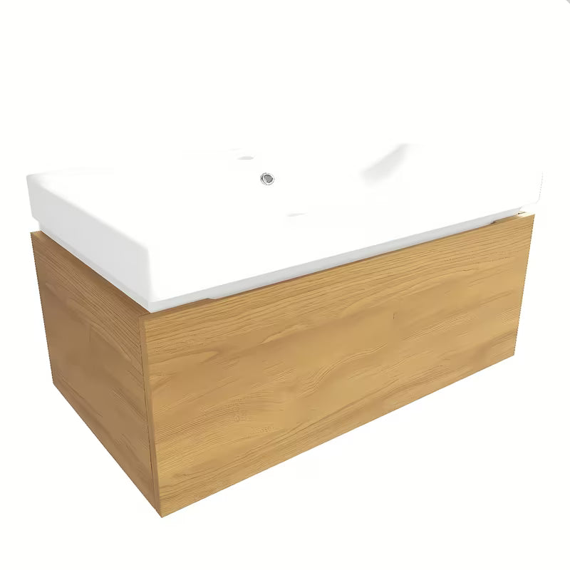 Viseća kupaonski ormarić SAT Feel s keramičkim umivaonikom u dekoru medni hrast s mat površinom