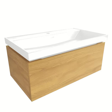 Viseća kupaonski ormarić SAT Feel s keramičkim umivaonikom u dekoru medni hrast s mat površinom.