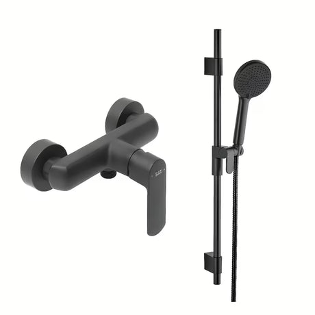 Zidna jednoručna baterija miješalica za tuš SAT Feel s tuš setom u mat crnoj izvedbi.