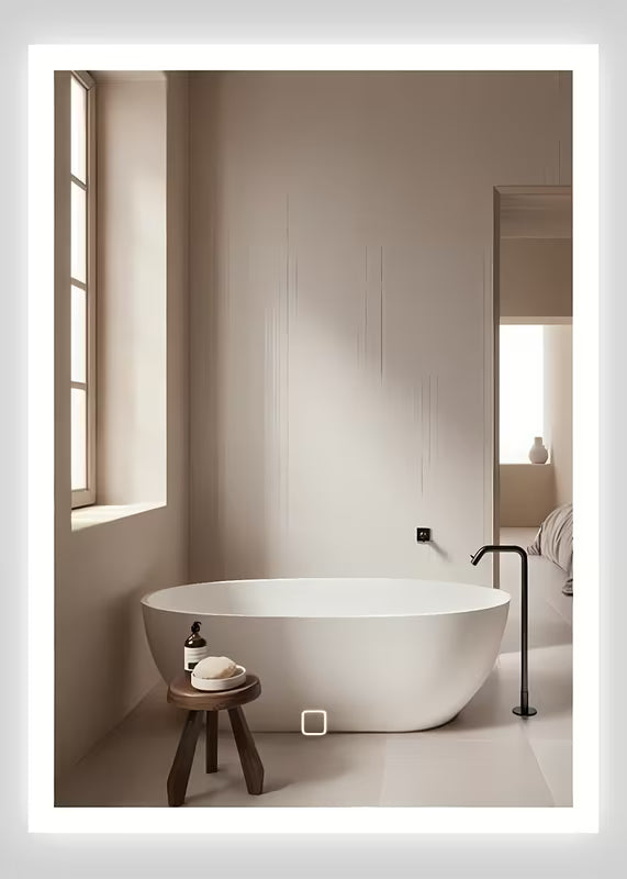 Bijelo pravokutno ogledalo SAT Feel 50x70 cm s LED osvjetljenjem i senzorskim upravljanjem