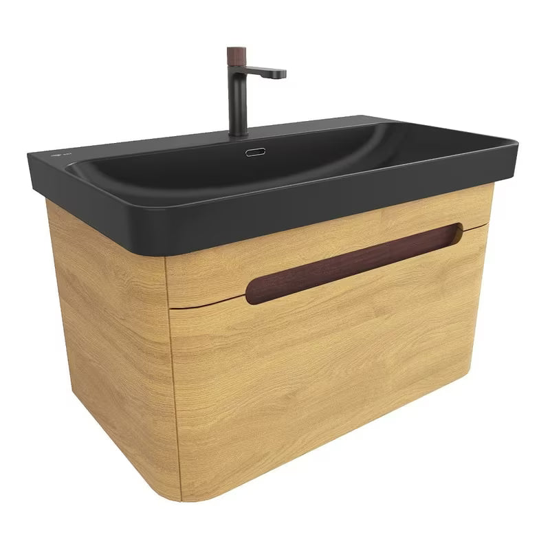 Viseća kupaonski ormarić SAT Fusion s umivaonikom u dekoru medni hrast i mat crnoj izvedbi