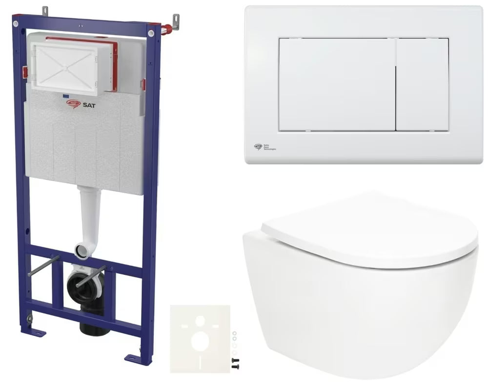 Viseći WC set SAT Fusion s vrtložnim ispiranjem, vodokotlićem, bijelom tipkom za ispiranje i duroplast WC daskom